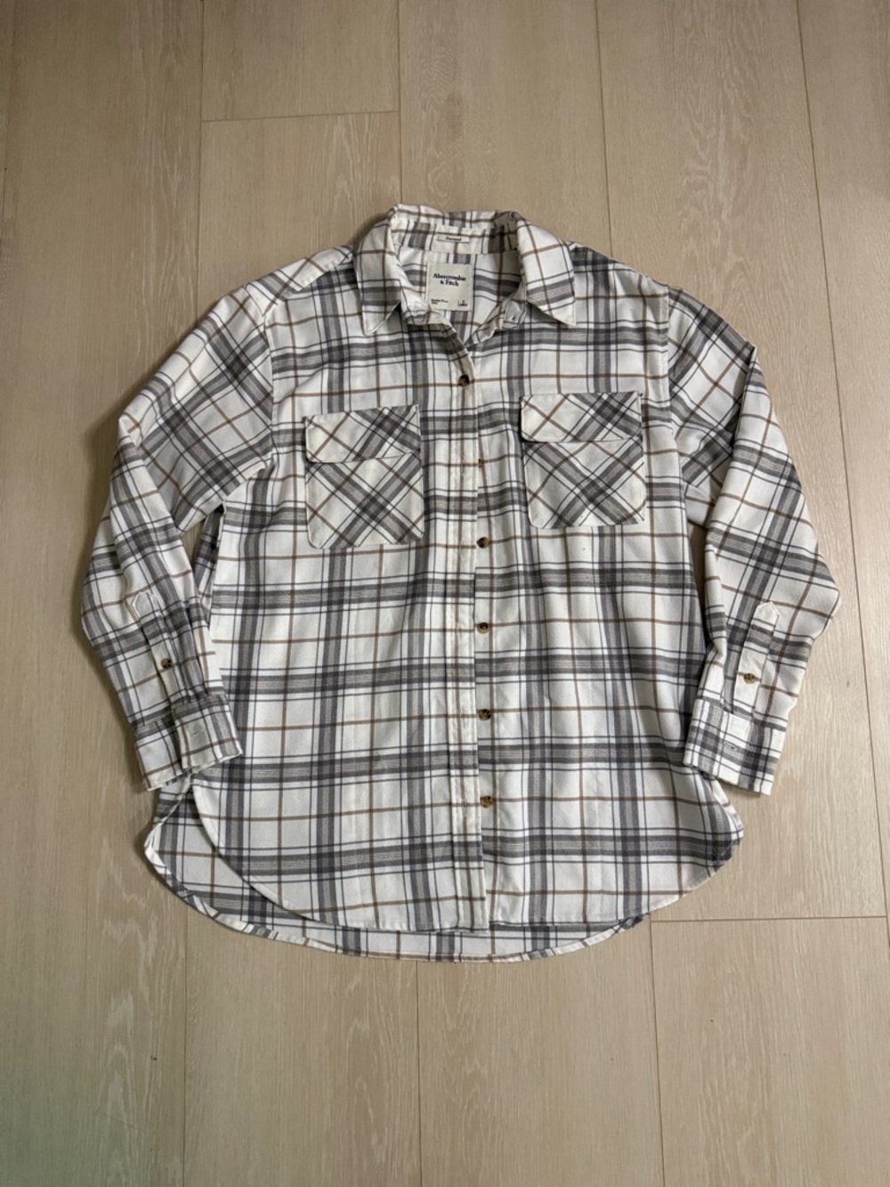 Abercrombie & Fitch Cream and Brown Plaid Oversized Flannel Shirt